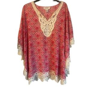 Nikki Poulos Geo Print Boho Crotchet Tunic Coverup Poncho Oversized Fit